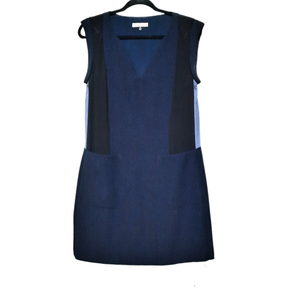 REBECCA TAYLOR Colorblock Shift Dress Rolled Cap Sleeves Navy Black Lavender 6 M - Picture 3 of 13